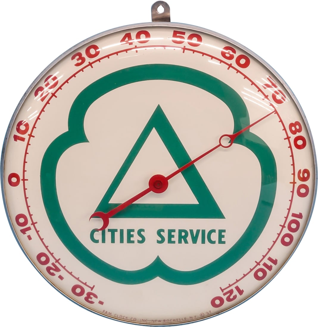 Cities Service 12" PAM Advertising Thermometer w/ Logo: 12" D., PAM glass faced thermometer has excellent color. The inner face is clean with minor trapped debris along the lower edge of the outer glass. The aluminum can is in very good condition with ligh