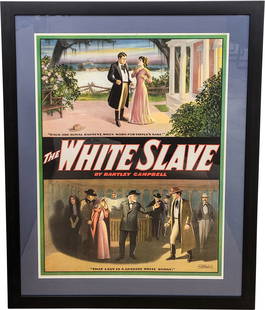 1911 The White Slave by Bartley Campbell Framed Advertising Poster: 47.75" x 37.5", single-sided litho poster has been professionally framed and matted under glass. The poster features vibrant colors throughout. The field and perimeter are clean. Marked Copyright 1911