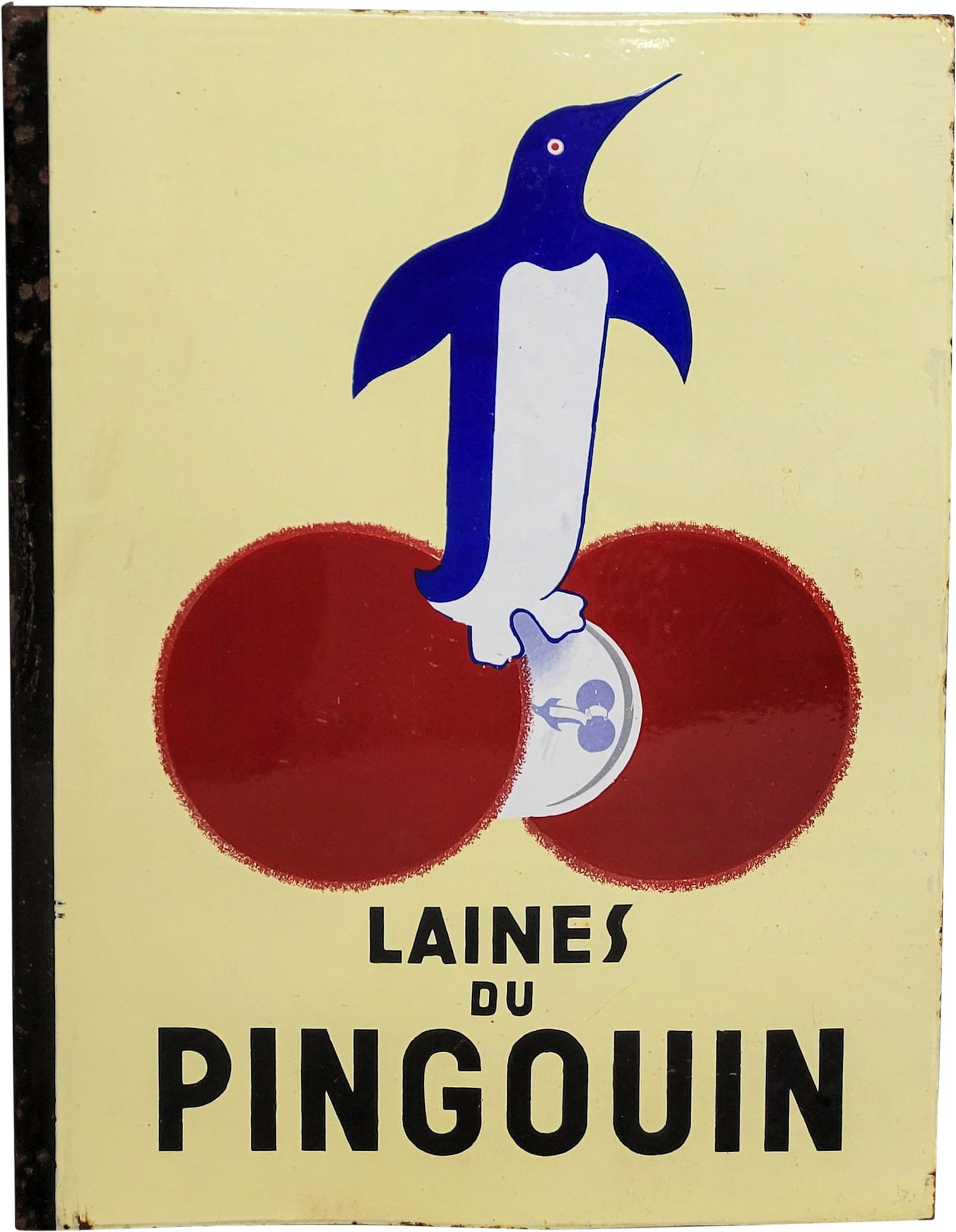 Laines Du Pingouin Double Sided Porcelain Flange Sign: 17.75" x 24" DSP (double sided porcelain) sign exhibits bright color and high gloss on each side. The field is clean overall on both sides and there is minor edge wear present. The flange section has 