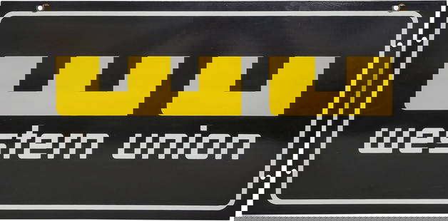 Western Union Double Sided Porcelain Sign: 15" x 30", DSP (double sided porcelain) sign has excellent color and gloss. Side #1 has a tiny factory blemish in the field with minor surface wear in the outer fields. The reverse has discoloration i