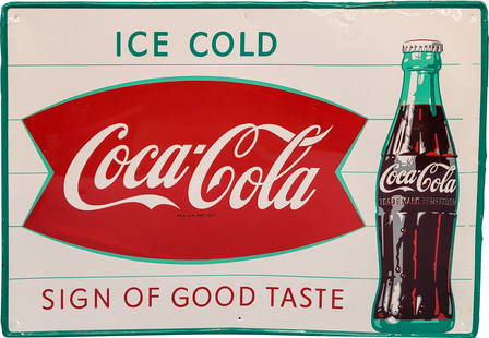 Ice Cold Coca Cola "Sign of Good Taste" Single Sided Tin Sign w/ Fishtail & Bottle: 19.75" x 27.75", SST (single sided tin) self-framed sign has excellent color and shine. The field has fine scratches with marks and light bends. The outer fields and perimeter have larger bends with w