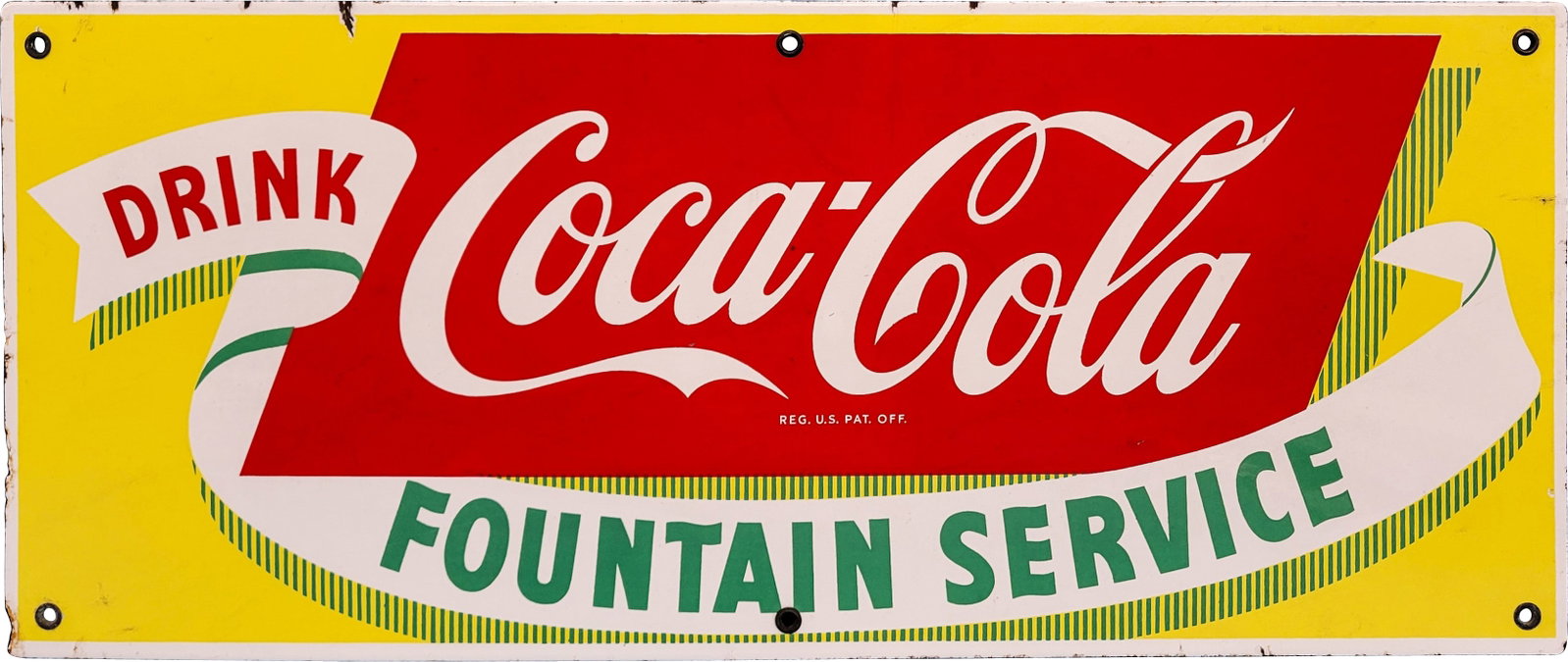 Drink Coca Cola Fountain Service Single Sided Porcelain Sign: 11.75" x 28", SSP (single sided porcelain) Coke sign has excellent color and gloss. The field has light wear with small nicks and fine scratches. The perimeter has edge chips with minor crazing and me