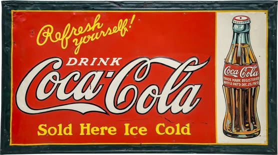 Drink Coca Cola "Refresh Yourself" Emb. Single Sided Tin Sign w/ Bottle: 31" x 56", SST (single sided tin) embossed self-framed sign has been completely repainted. The field and perimeter have general wear with non-factory holes, surface wear, bends, and added mounting scr