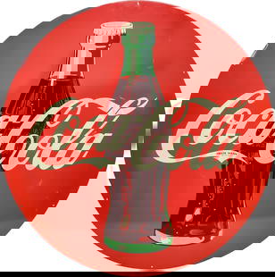 Coca Cola 45.5" Single Sided Tin Sign w/ Bottle: 45.5" D., AGE UNKNOWN SST (single sided tin) sign has excellent color and shine. The field and perimeter exhibit fine scratches with light wear and the lower edge has a minor bend at 5 o'clock. Condit