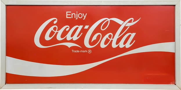 Enjoy Coca Cola 5.5' Single Sided Tin Sign w/ Frame: 34" x 67.5", single-sided aluminum Coke sign with aluminum frame has very good color and shine. The field has light wear with a vertical fine scratch in the center. The perimeter has a rectangular are