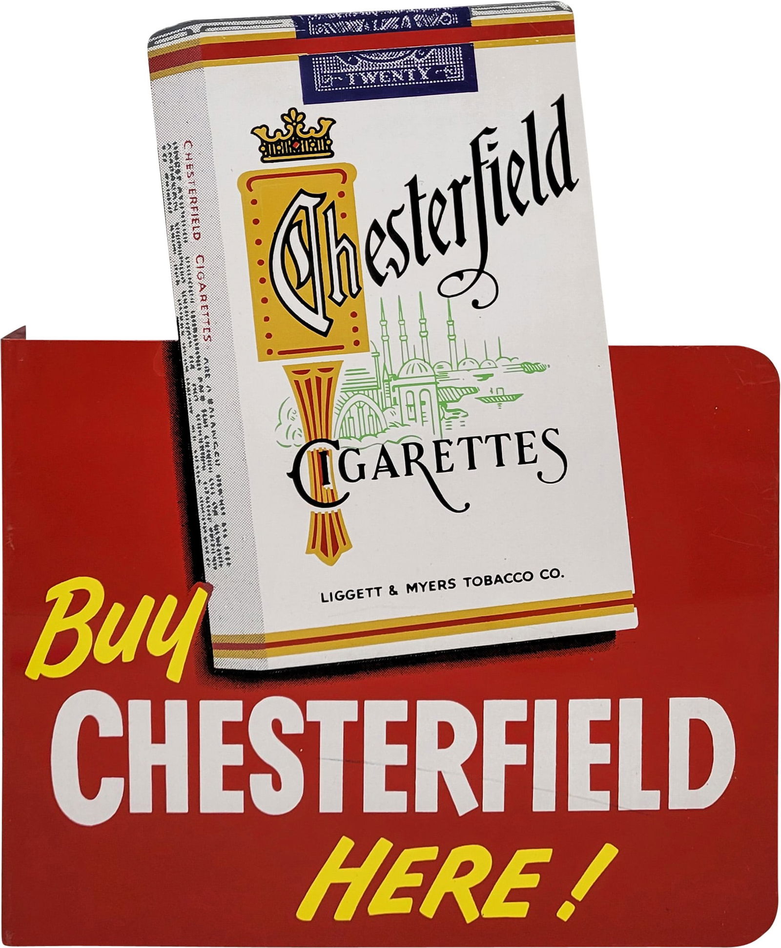 Buy Chesterfield Cigarettes here Die Cut Double Sided Tin Flange Sign (1 of 3)