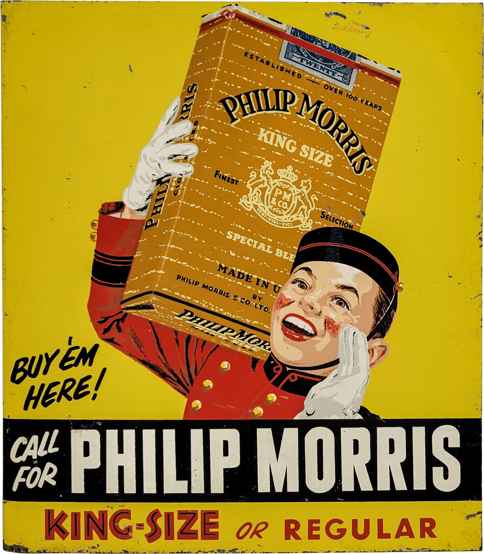 Call For Philip Morris Cigarettes Double Sided Tin Flange Sign w/ Johnny (1 of 3)
