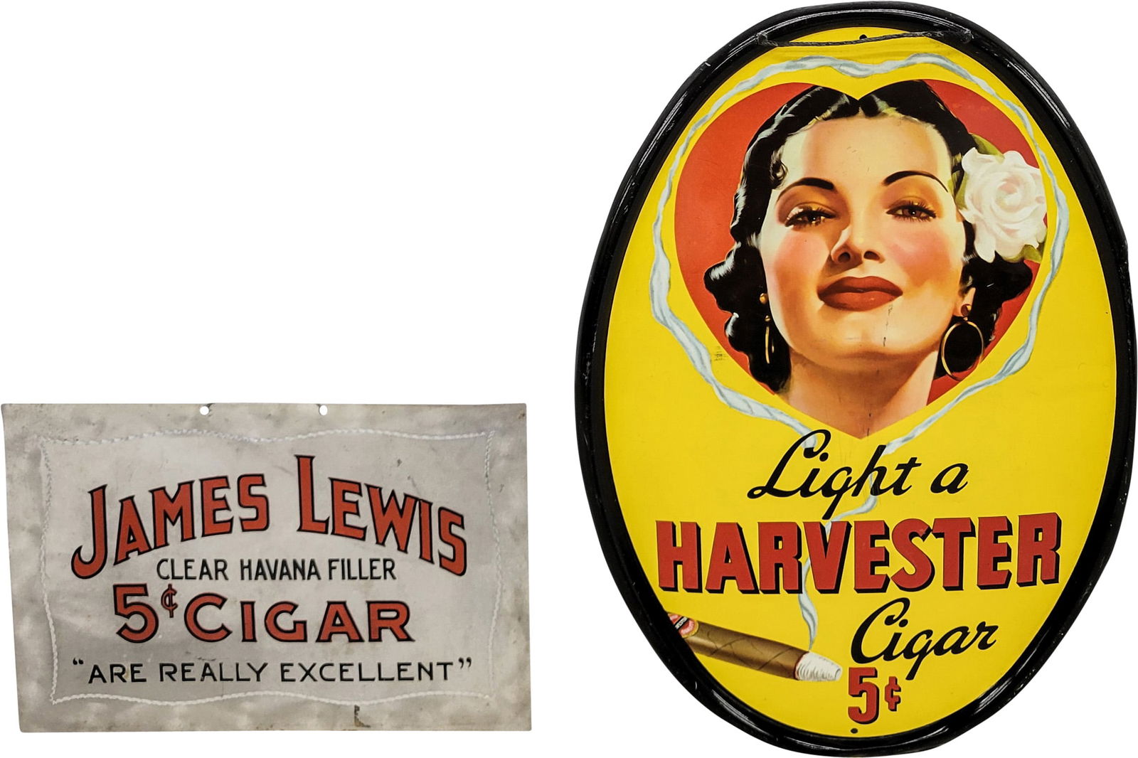 Group of Two Cigar Single Sided Tin Signs Harvester w/ Lady & James Lewis (1 of 2)