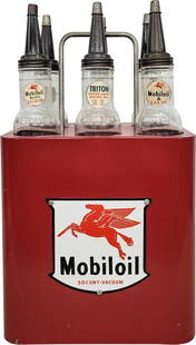 Mobiloil Service Station Oil Bottle Carrier Rack Stand: 16" x 28" x 11" restored oil rack stand features a Mobiloil theme. One side displays an 8.25" x 8" porcelain Mobiloil sign with bright colors and a high gloss finish. The sign has a minor touch-up in
