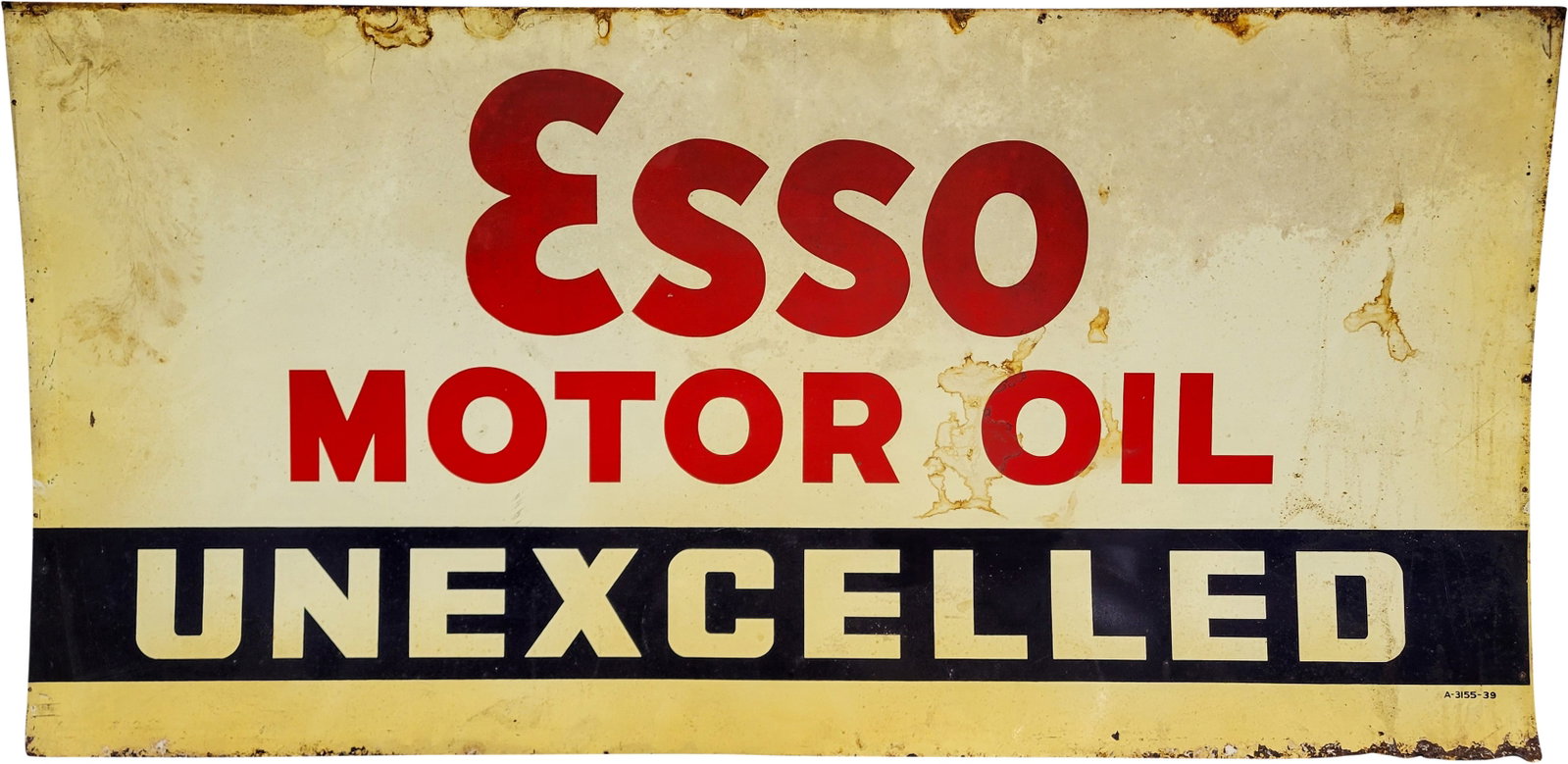 Esso Motor Oil Unexcelled 6' Single Sided Tin Sign: 36" x 72", SST (single sided tin) sign has good color and moderate shine. The field has spotting with discoloration and oxidation in the right fields. The perimeter has additional wear with paint chip