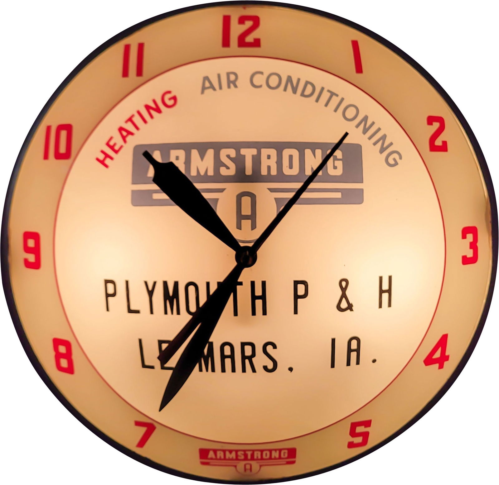 Armstrong Heating and Air Conditioning Double Bubble Advertising Clock: 15" working illuminated double bubble clock features 2 glass faces and metal housing. The clock looks great and displays very well with light wear on the metal can. Plymouth P & H, Le Mars, IA. Advert