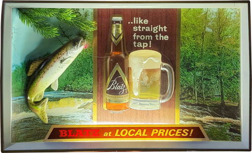 Blatz Beer 3D Light Up Advertising Sign: 23" x 3.75" x 14" three dimensional illuminated advertising features a rainbow trout with fishing lure, a Blatz beer bottle, and a frosty mug of beer. The sign has a hard plastic face and metal housin