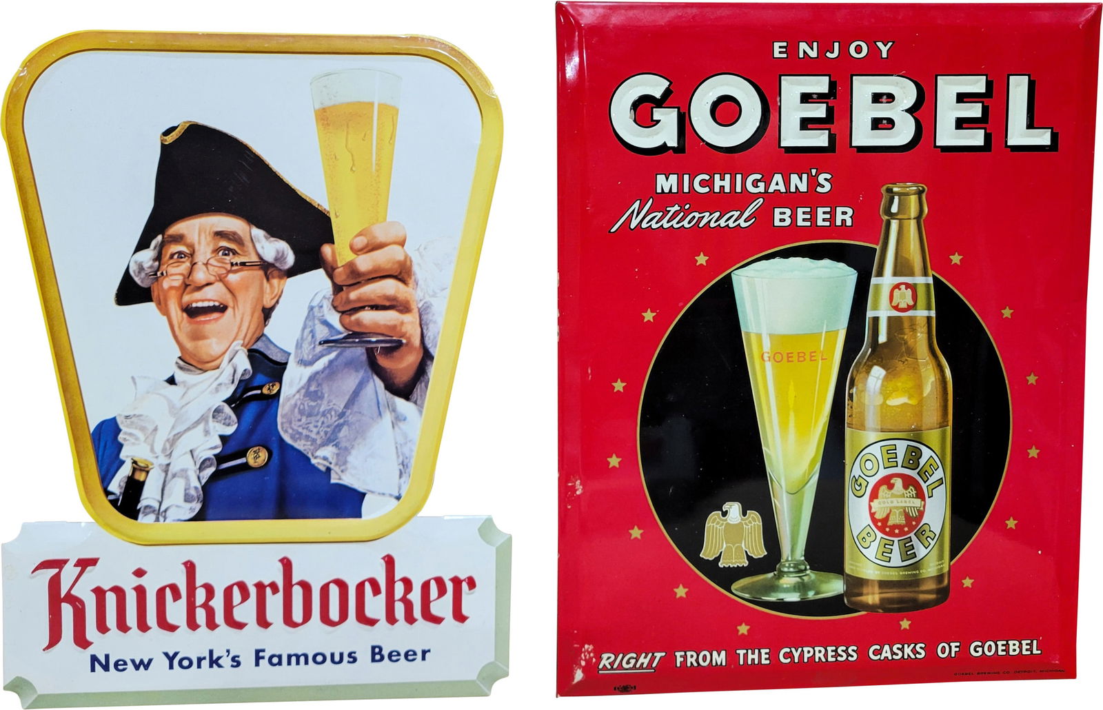 Knickerbocker and Goebel Signs: This set of 2 NOS (new old stock) beer signs features a 10.75" x 13.75" Enjoy Goebel Michigan's National Beer tin over cardboard sign with an easel back. Additionally, it includes a 1955 9.75" x 13.75