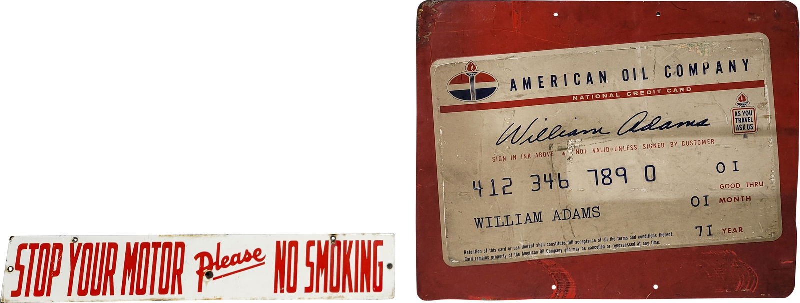 Lot of 2 Service Station Signs - Tin American Oil & Porcelain Stop Your Motor No Smoking (1 of 2)