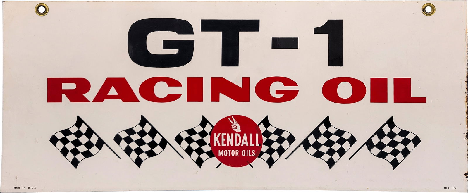 Kendall Motor Oils GT-1 Racing Oil Double Sided Tin Sign w/ Flags & Logo: 10" x 24", DST (double sided tin) sign has excellent color and shine. Side #1 has a clean field with minor surface imperfections and a slight horizontal bend in the lower left outer field. The perimet