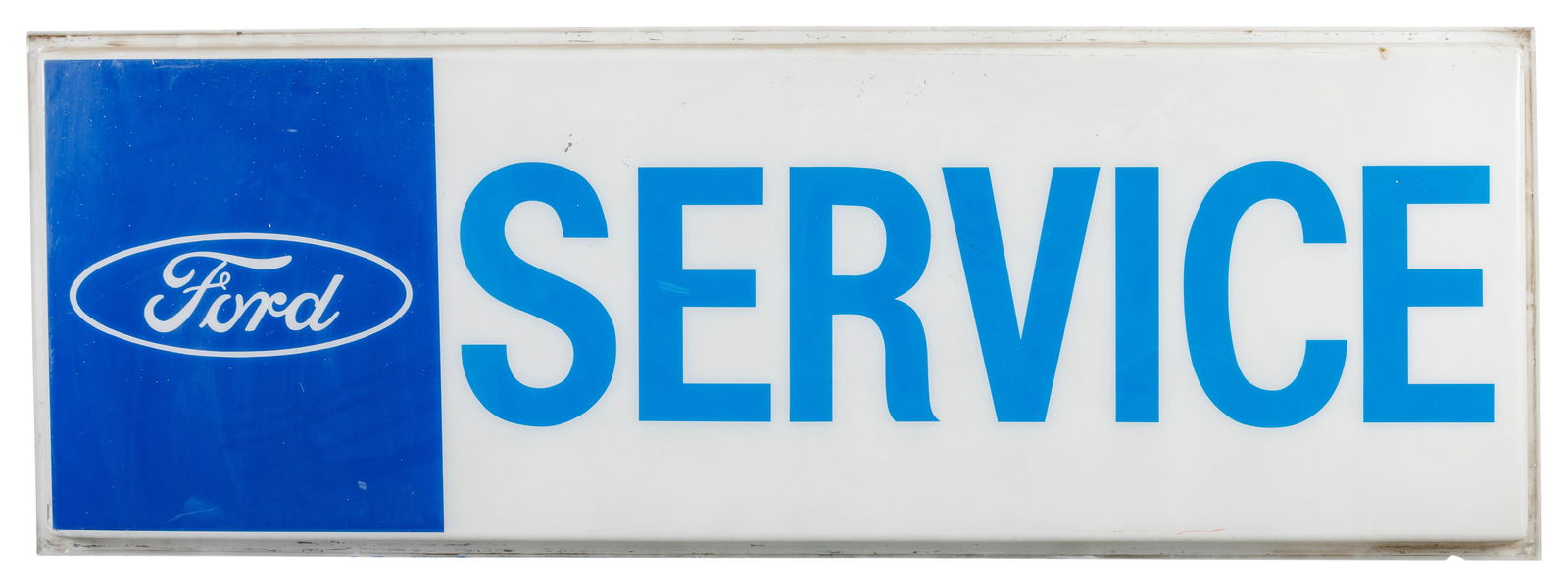 1966 Ford Service 7' Convex Plastic Sign Skin w/ Logo: 30" x 84.5" x 3", Single sided convex plastic sign face has very good color. The field has light wear with marks and small areas of paint loss, which is mainly in the upper fields. The perimeter has p