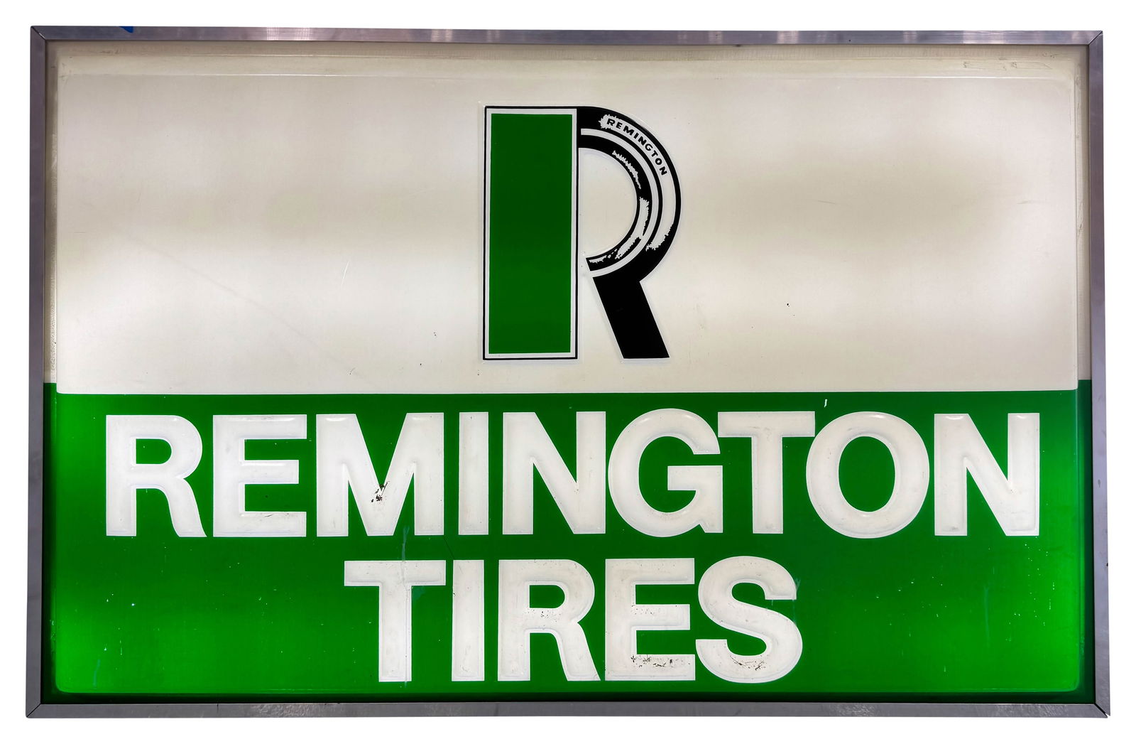 Remington Tires Single Sided Light Up Plastic Sign: 48 x 72 x 5 Remington Tires plastic light up sign. Single Sided, working condition.
