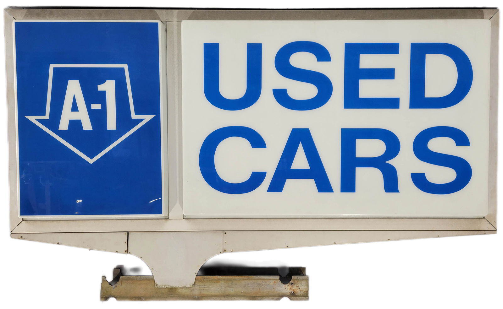 A-1 Used Cars Double Sided Light Up Plastic Sign: 100" x 61.5" double sided light up plastic sign consists of 4 plastic sign panels that display good colors and shine with light wear and minor scuffs on their surface. One side has cracks along the pe
