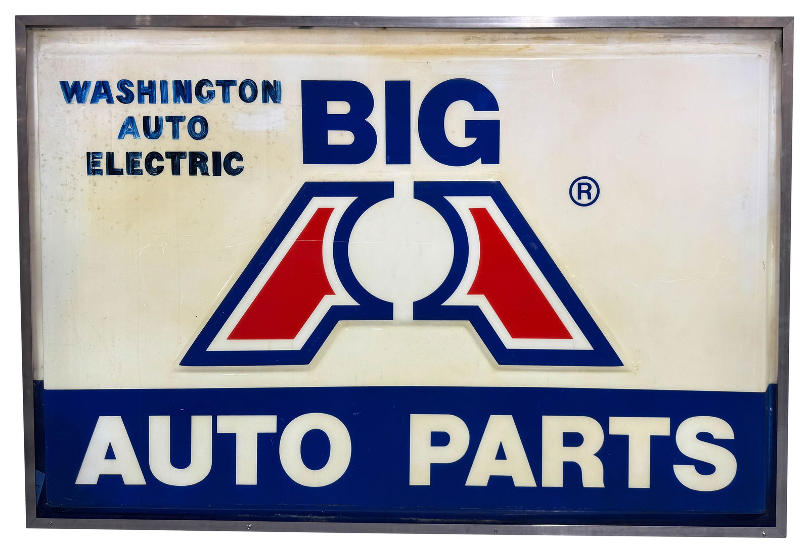 Big A Auto Parts Single Sided Light Up Sign: 73" x 49" x 6" Big A auto parts light up plastic sign. Washington auto electric single sided plastic sign in working condition.