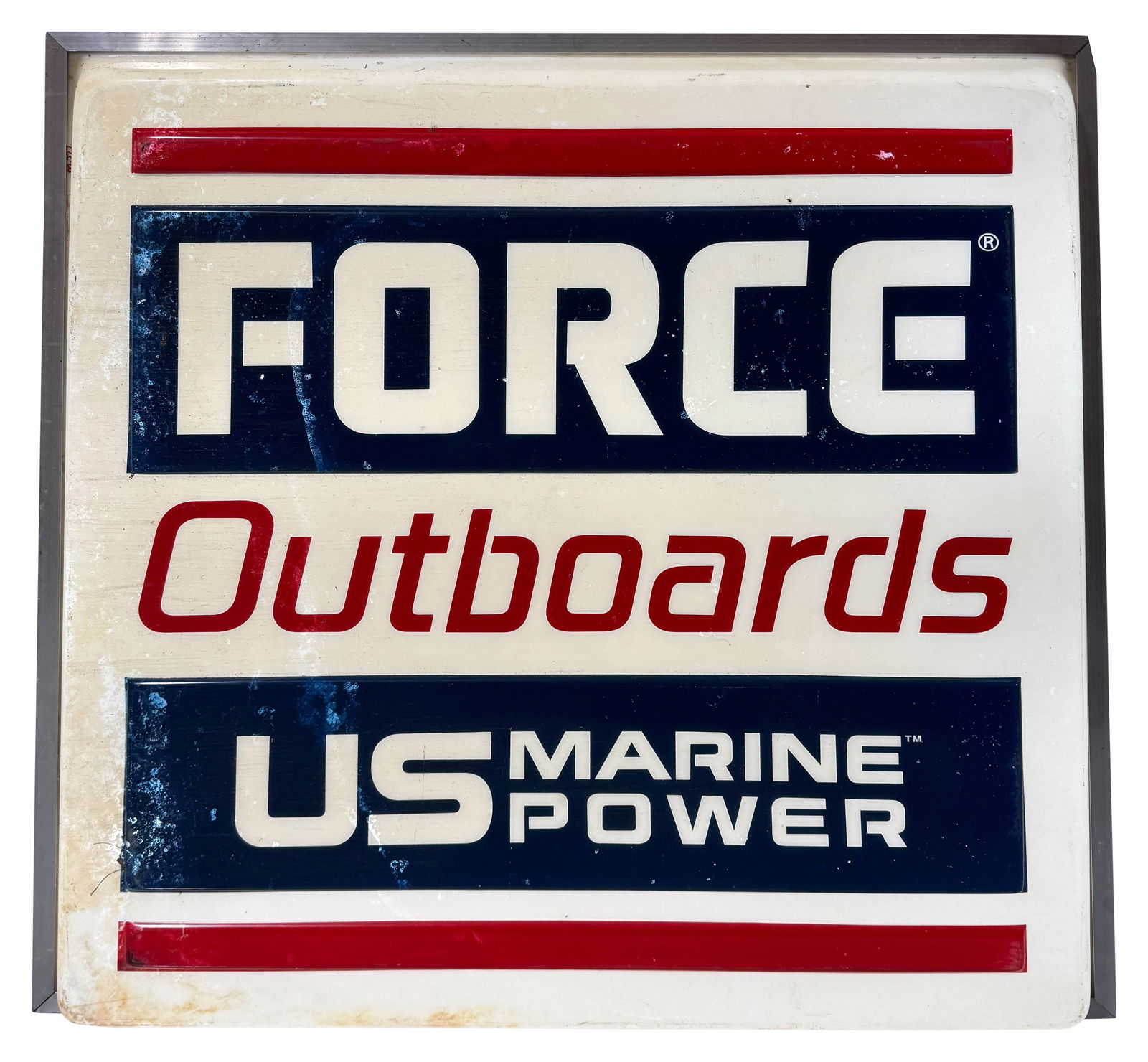 Force Outboards US Marine Power Single Sided Light Up Plastic Sign: 49" x 49" x 7" Force Outboards US Marine Power plastic light up sign. Single Sided Working condition.