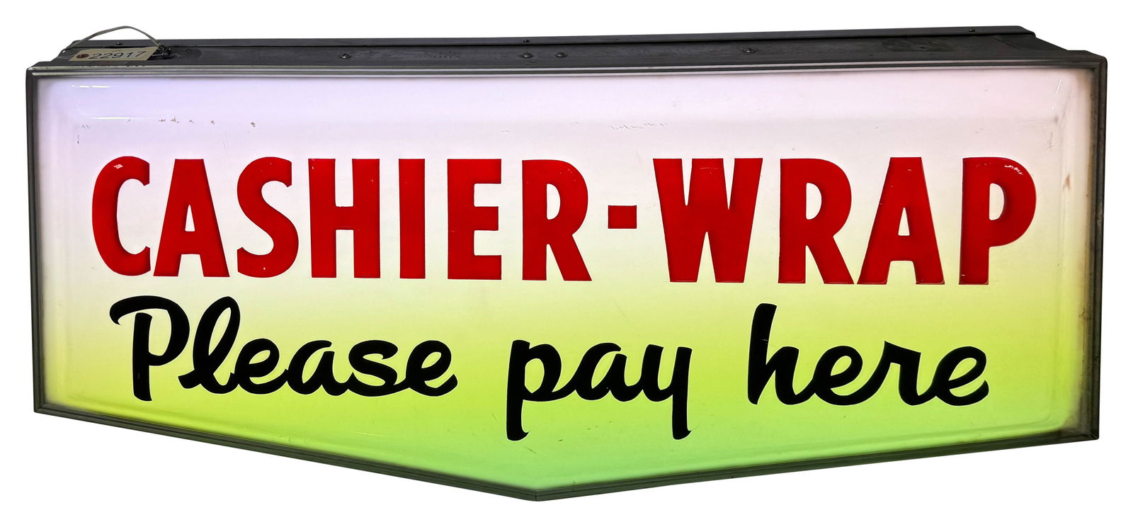 Cashier Wrap Please Pay Here Double Sided Light Up Plastic Sign: 50" x 23" x 9" Cashier Wrap please pay here plastic light up sign. Working condition double sided.