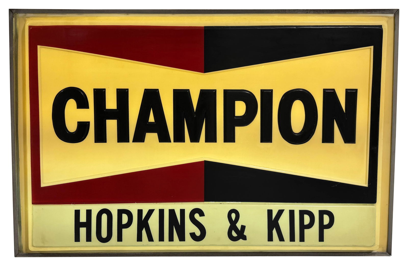 Champion Hopkins and Kipp Double Sided Light Up Plastic Sign: 74" x 57" x 10" Champion Hopkins & Kipp plastic light up sign. Working condition double sided.