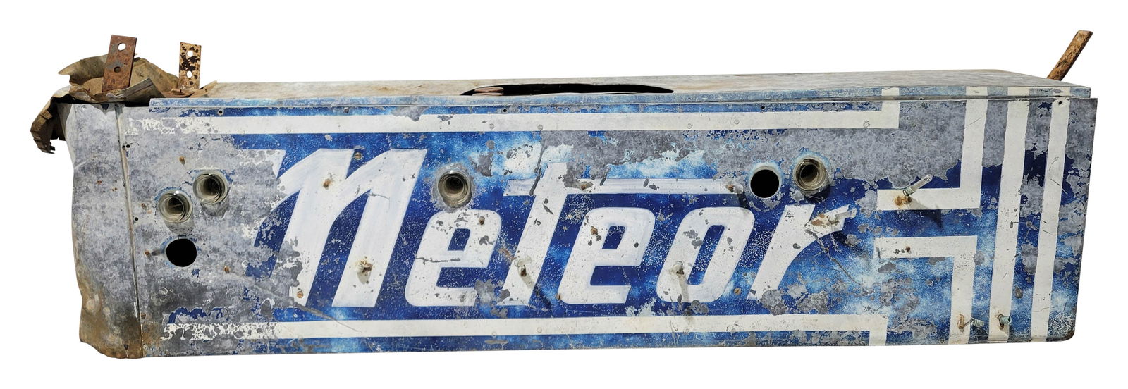 Meteor 5.5' DST Factory Neon Sign: 17" x 66" x 12", DST factory neon sign with the original metal can. The sign is missing the neon and transformers and shows general wear throughout. Both sign faces have bends and wear and the bullnos
