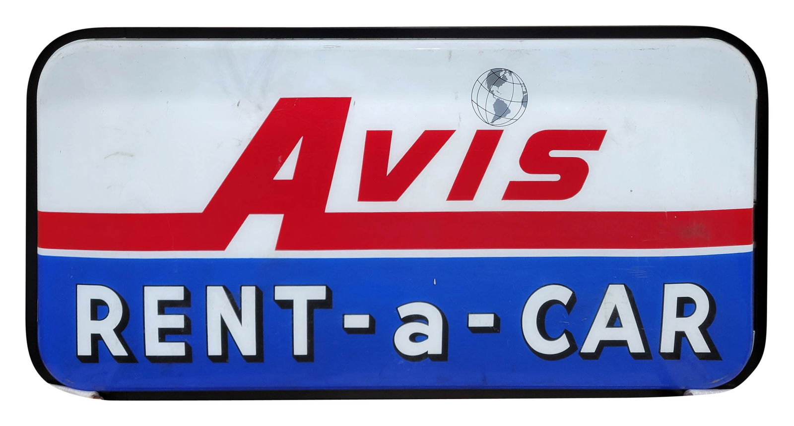 Avis Rent - a - Car 4' Lighted Plastic Advertising Sign: 27" x 47" x 6.5", single sided internally lighted plastic sign with a metal can works as it should. The face has very good color with light wear, scuffs, and an errant paint drip in the lower field. T