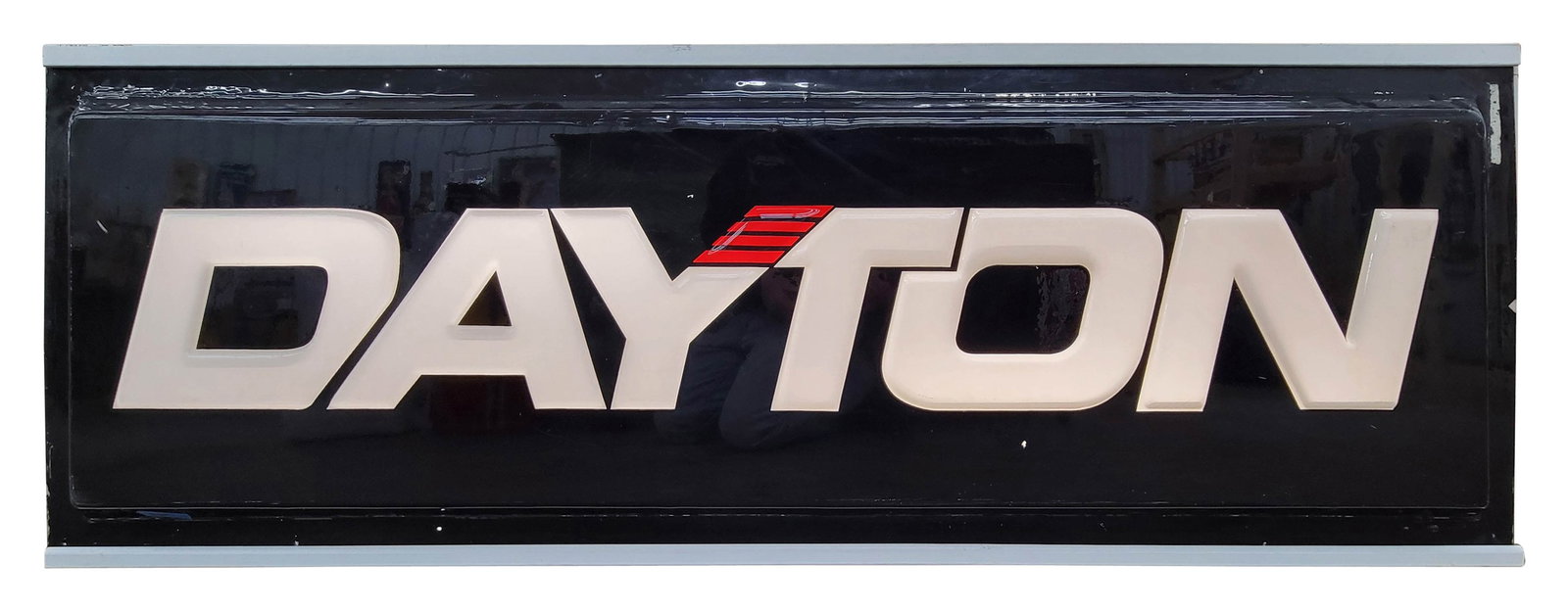 Dayton Tires Single Sided Light Up Sign: 74" x 25" x 7" Dayton plastic light up sign. Single sided. LED light up. Wood frame with missing end caps.