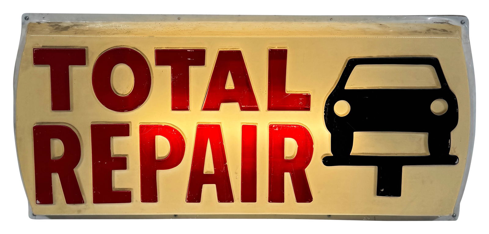 Total Car Repair Single Sided Light Up Plastic Sign: 48" x 22" x 5" Total Car Repair plastic light up sign in working condition. Single sided with a wood back.