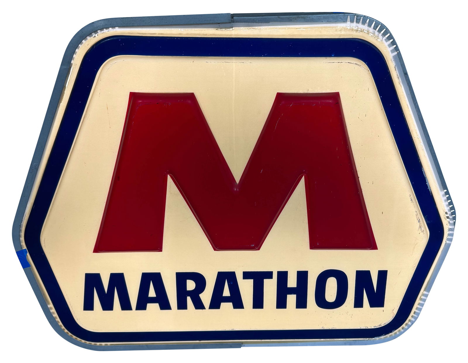 Marathon Service Station Light Up Single Sided Plastic Sign: 42" x 34" x 7" Marathon gas station plastic light up sign in working condition. Top right frame is missing. Single sided.