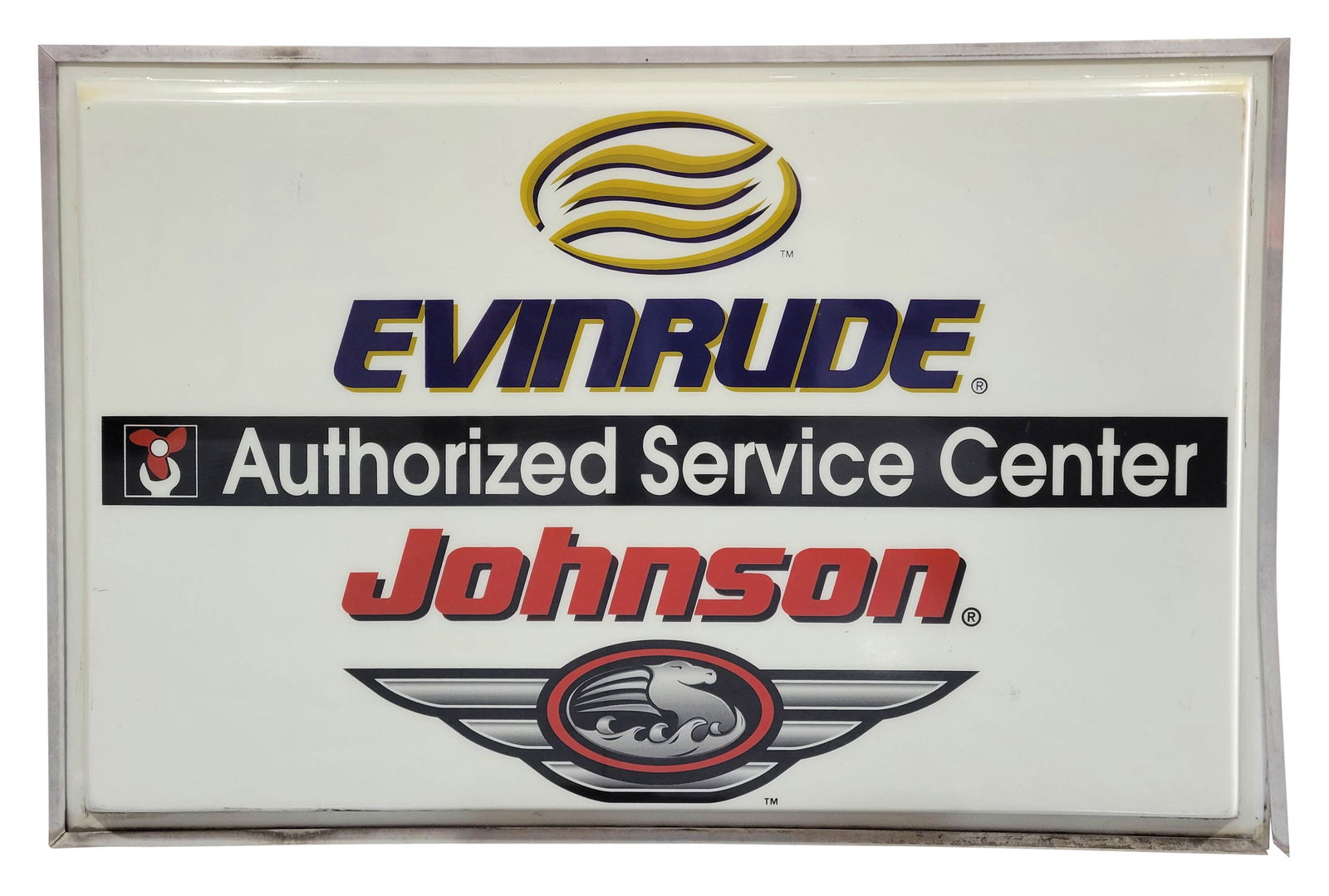 Evinrude Johnson Authorized Service Center Single Sided Sign: 72.5" x 48" x 6" single sided plastic sign with logos displays well with good colors and shine. The sign hums when plugged in but does not light up. A new plug has been installed. There are typical si