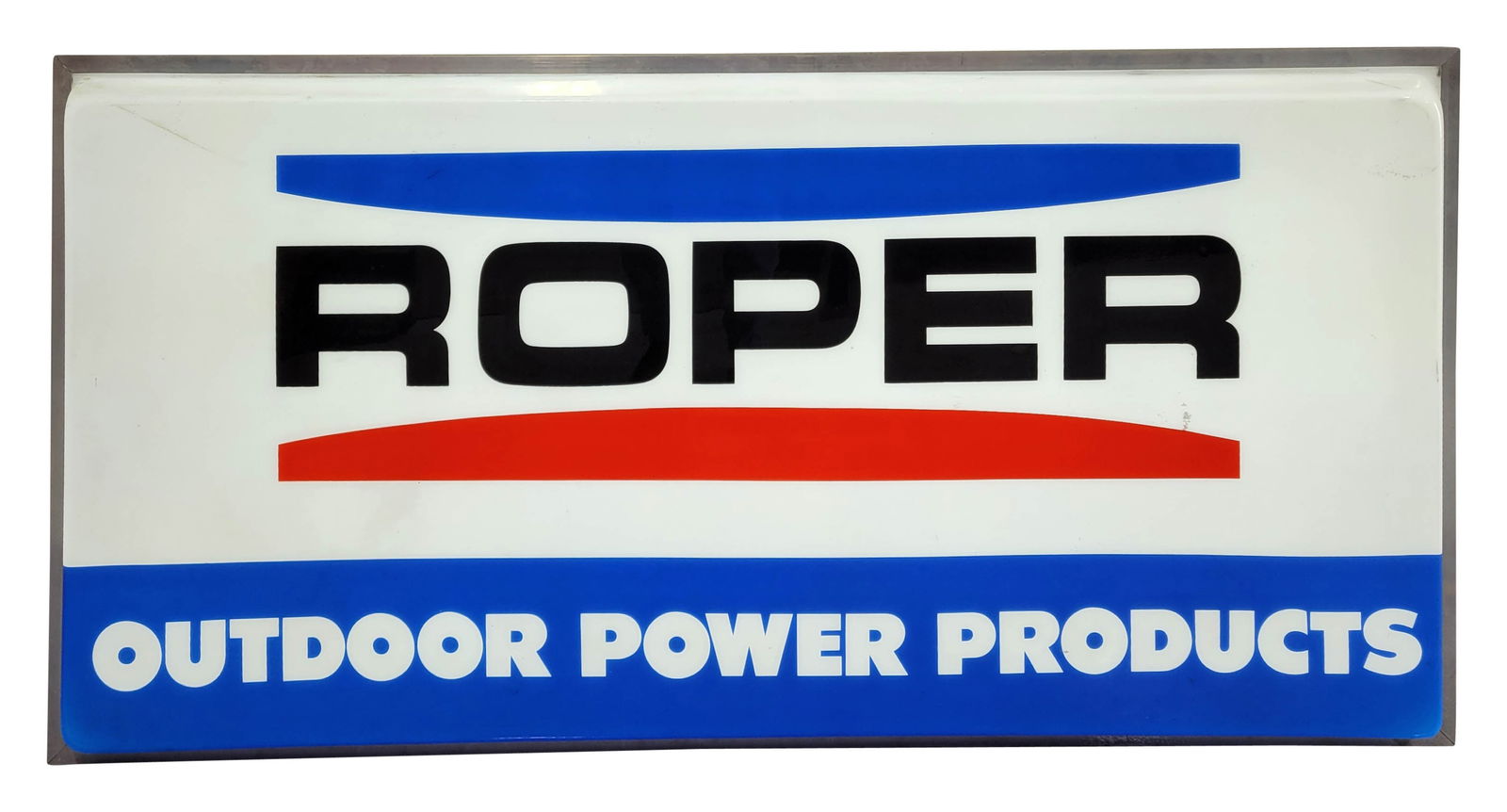 Roper Outdoor Power Products Double Sided Plastic Light Up Sign: 73" x 37" x 11.5" working light up sign displays well with bright colors and good shine on side one with minor scratches and marks. Side 2 exhibits toning with stains and light scratches. The can is n