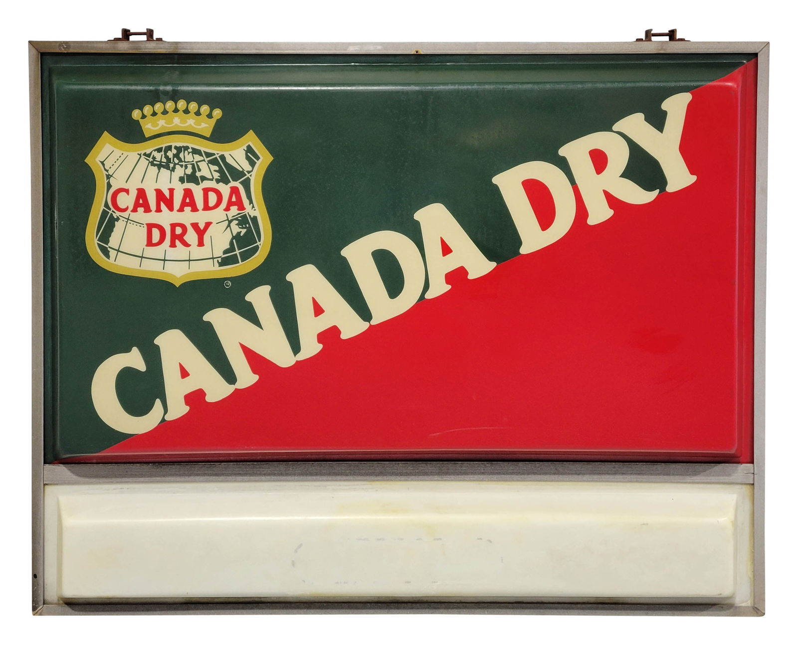 Canada Dry Double Sided Light Up Plastic Sign: 60.5" x 50" x 10" plastic sign features the Canada Dry logo. The sign hums when plugged in but does light up. A new plug has been installed. Each side has 2 plastic panels that display good color with