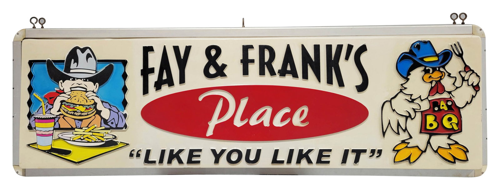 Fay and Frank's Place Embossed Double Sided Plastic Light Up Sign: 98" x 34" x 11.5" working light up sign displays well with great graphics and bright colors. There are minor scratches on the surface of one panel and the reverse has larger visible scratches in the r