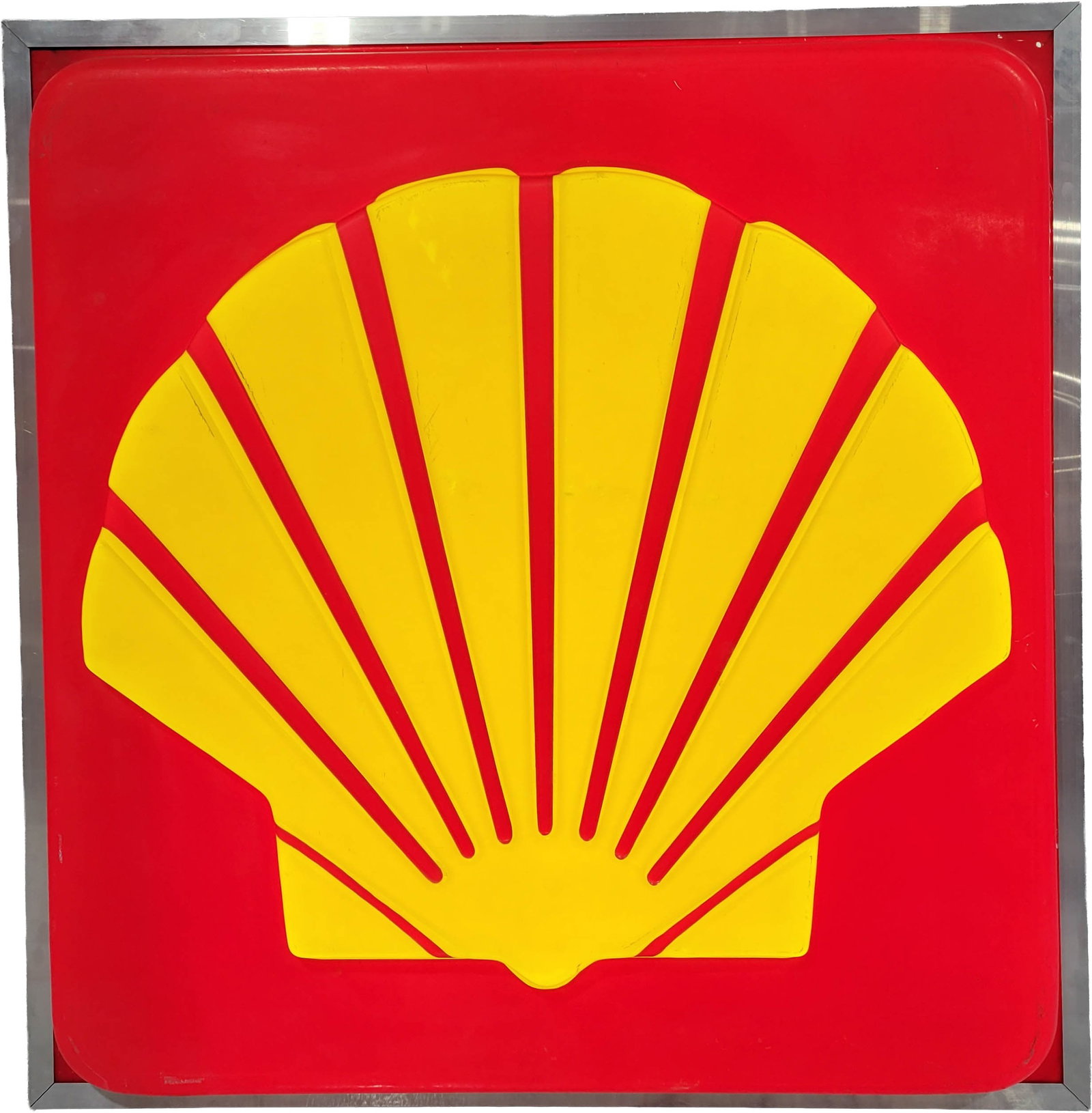Shell Embossed Single Sided Plastic Light Up Dealer Sign: 59" x 61" x 9.5" working single sided light up sign displays well with new aluminum can. It shows normal signs of wear with scuffs in the field and minor paint loss around the outer perimeter along th