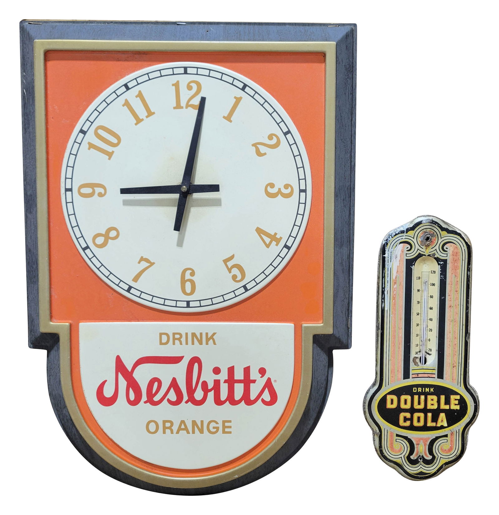 1940 Drink Double Cola Thermometer and Drink Nesbitt's Orange Clock (1 of 3)