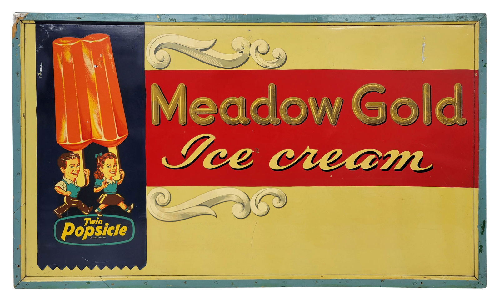Meadow Gold Ice Cream Twin Popsicle Single Sided Tin Sign In Frame: 48.5" x 28.5", SST sign displays good colors and shine, featuring the Twin Popsicle logo alongside two children. When viewed from an angle, you can barely see that this sign has been repainted over a