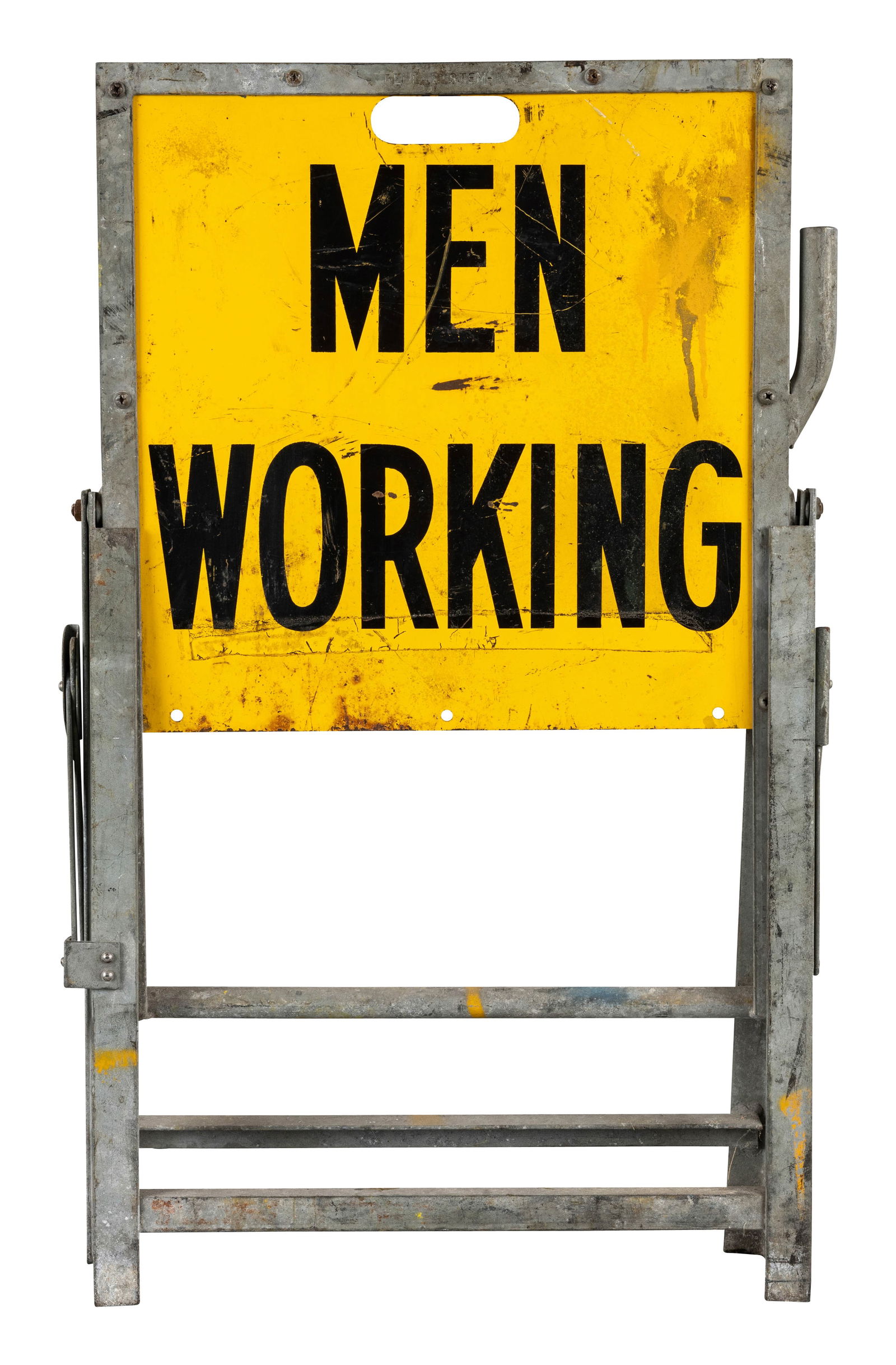 Men Working DST Road Highway Sign w/ Stand: 34" x 21", DST sign with the original metal display stand has good color and shine. The sign has general surface wear with scratches, paint chips and minor oxidation. The metal stand is in very good c