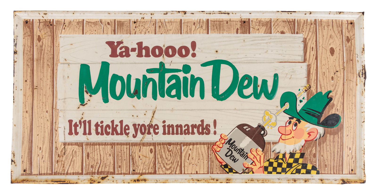 1966 Yahoo! Mountain Dew It'll Tickle Yore Innards! 3' SST Sign w/ Hillbilly: 17.25" x 35", SST embossed self-framed sign has good color and shine. The field has general wear with scratches, paint chips and oxidation. The perimeter has similar wear with bends along the outer se