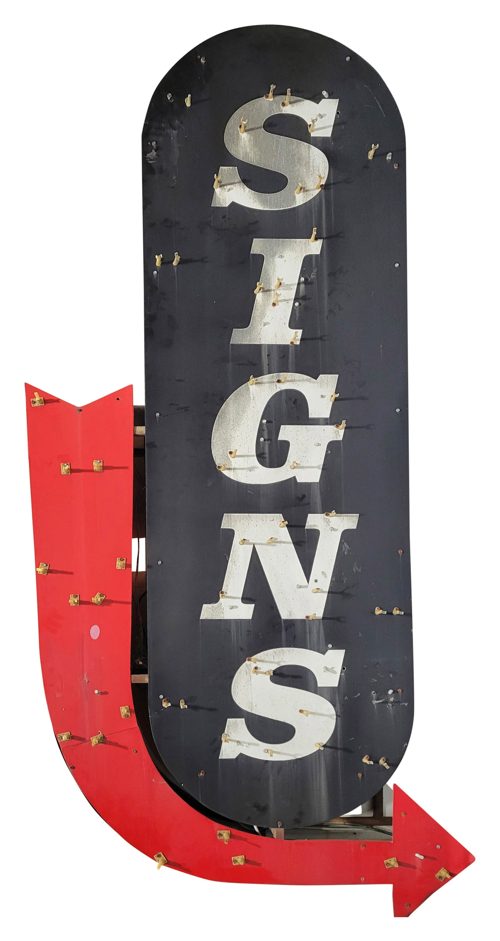 Signs 9' DST Die Cut Sign: 108" x 52" x 16", double sided aluminum neon sign skins with reflective lettering and the factory metal can has good color and shine. The display has toning and discoloration which is mainly on the le