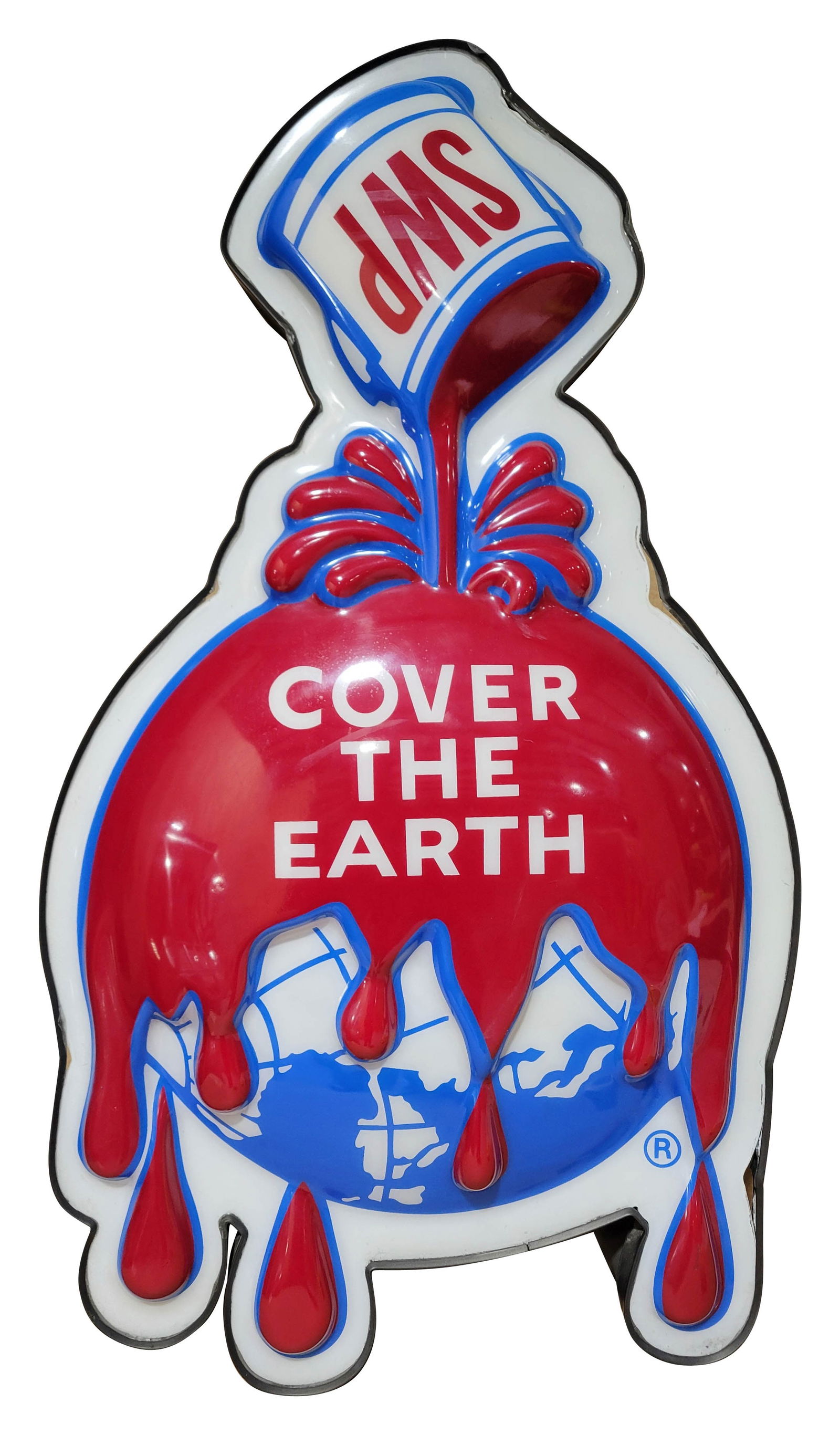 Shewin Williams Paint Cover The Earth Embossed Plastic Sign: 22"w x 7" x 38"h embossed single sided plastic sign exhibits bright colors and high shine with minor wear throughout. The metal can has minor wear. There is no power cord.