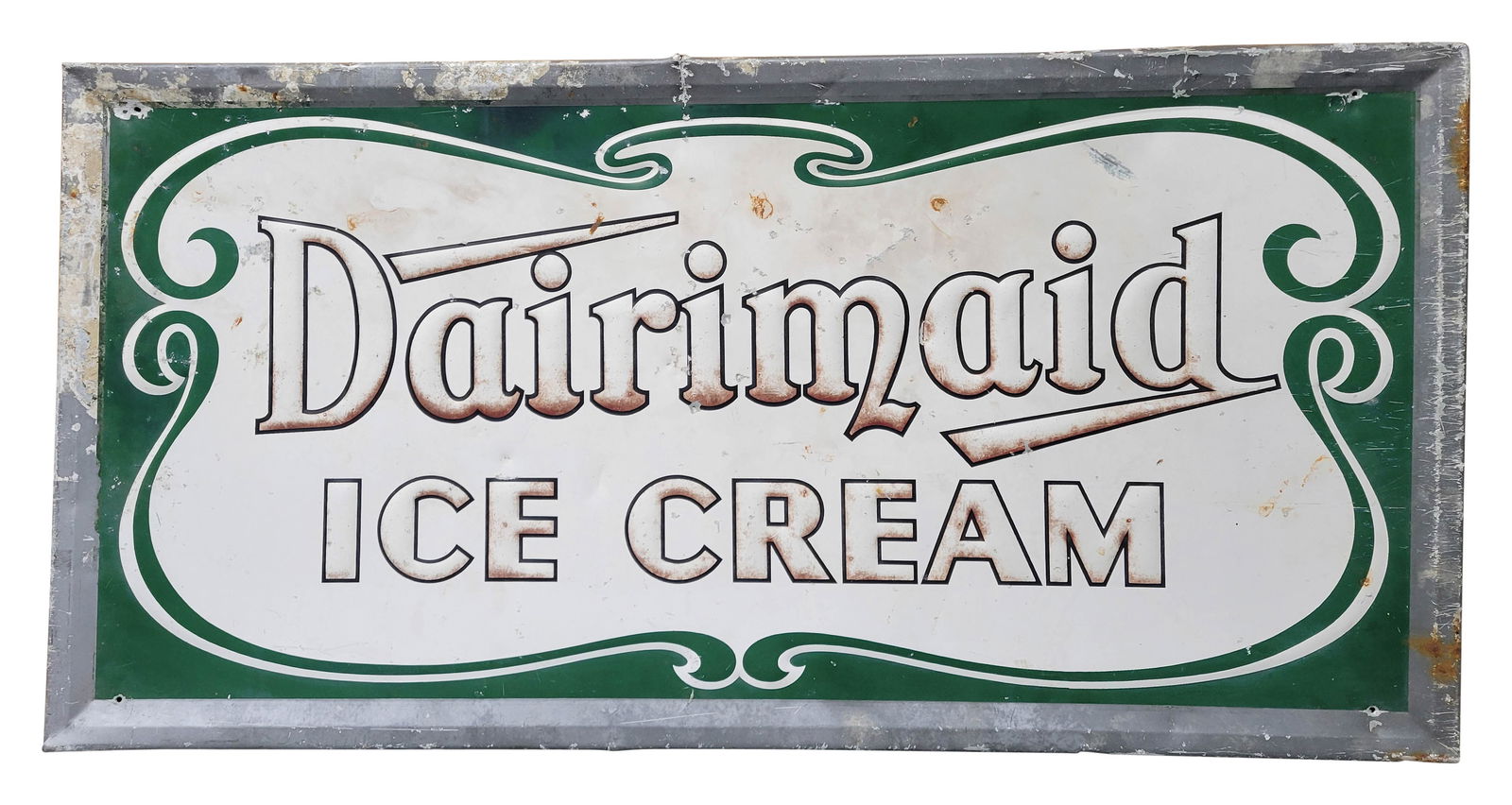 Dairimaid Ice Cream 4' Emb. SST Sign: 24" x 48", single sided embossed self-framed aluminum sign has moderate color and shine. The fields and perimeter have general wear throughout with paint loss, fading and bends.
