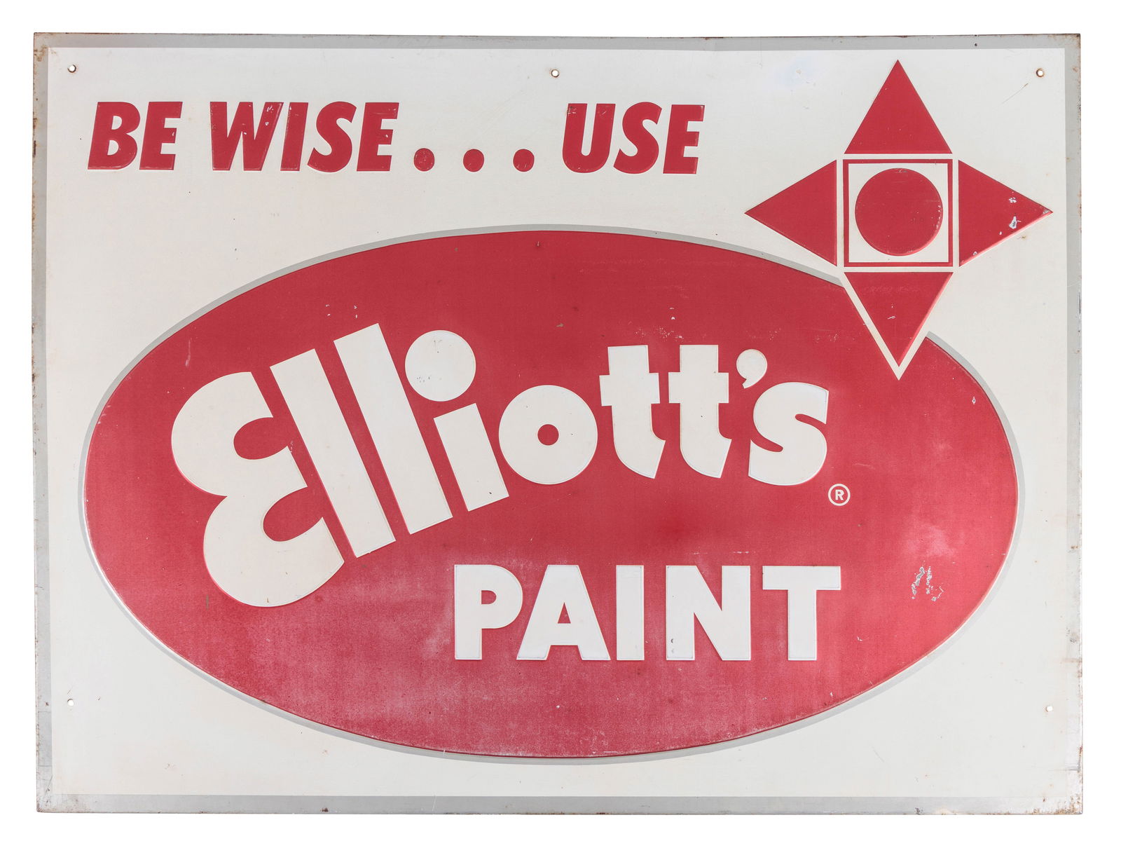 Be Wise Use Elliott's Paints Emb. SST Sign: 34.5" x 46", SST embossed cookie cutter edge sign has good color. The field has scuffs with small paint chips and cloudiness to the red painted areas. The perimeter has small edge bends with oxidation