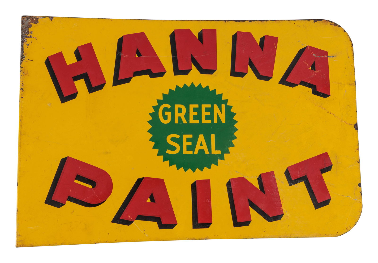 Hanna Green Seal Paint DST Flange Sign: 16" x 24", DST flange has good color and shine. Side #1 has fine scratches with areas of discoloration in the fields. The perimeter has oxidation with paint loss along the edges. The reverse has sligh