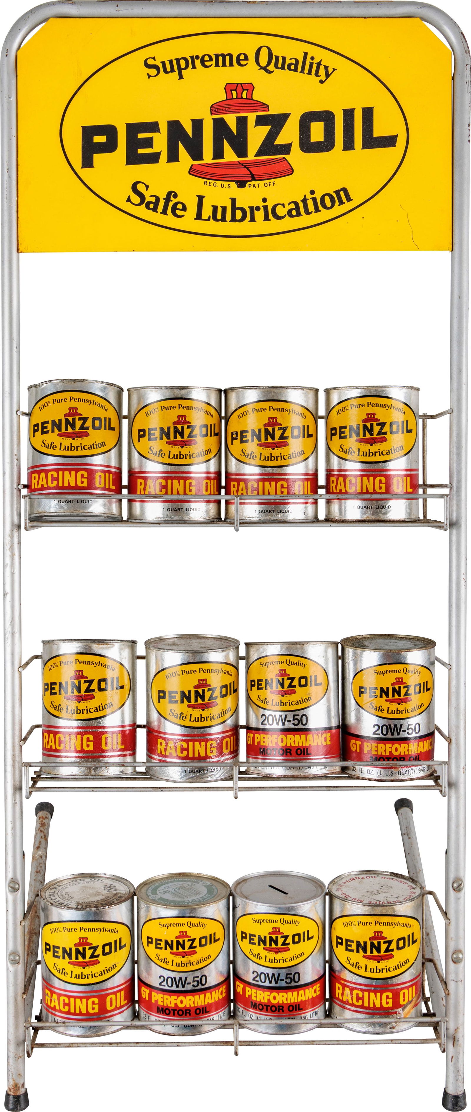 Pennzoil Safe Lubrication Complete Oil Can Display Rack w/ 12 Racing Oil Cans: 46" T., Single sided oil can rack with 12 composite Racing Oil cans. The display sign has a clean field with light wear and fine scratches in the outer fields. The cans are in good condition with