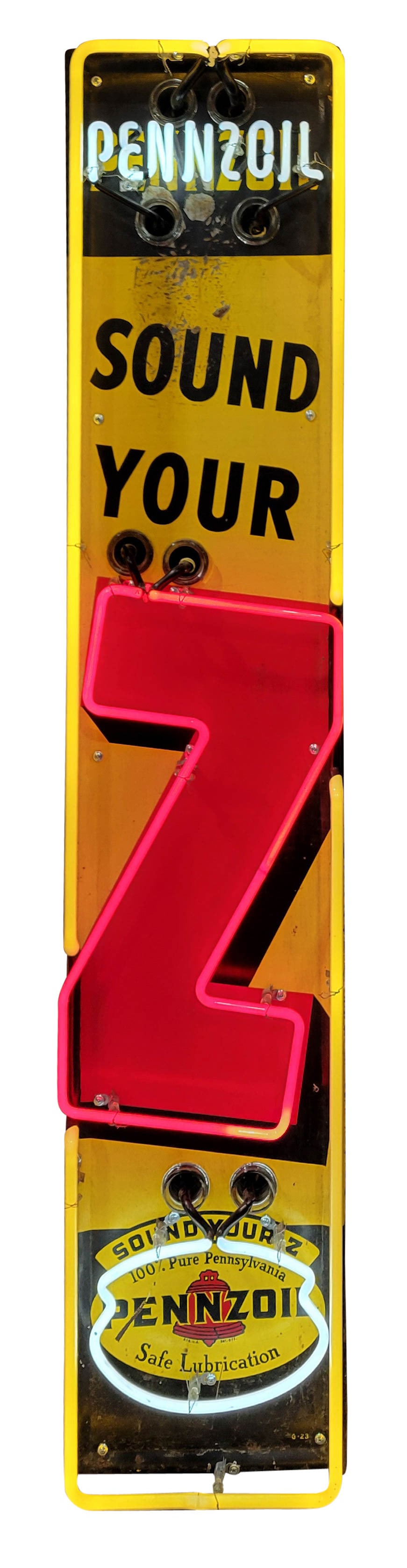 Pennzoil Sound Your Z Vertical 5' SST Neon Sign w/ Logo: 59.5" x 11.75" x 9", SST self-framed sign with added neon and metal can has good color and shine. The sign features brilliant three-color neon with classic Pennzoil colors and red bell logo in the low