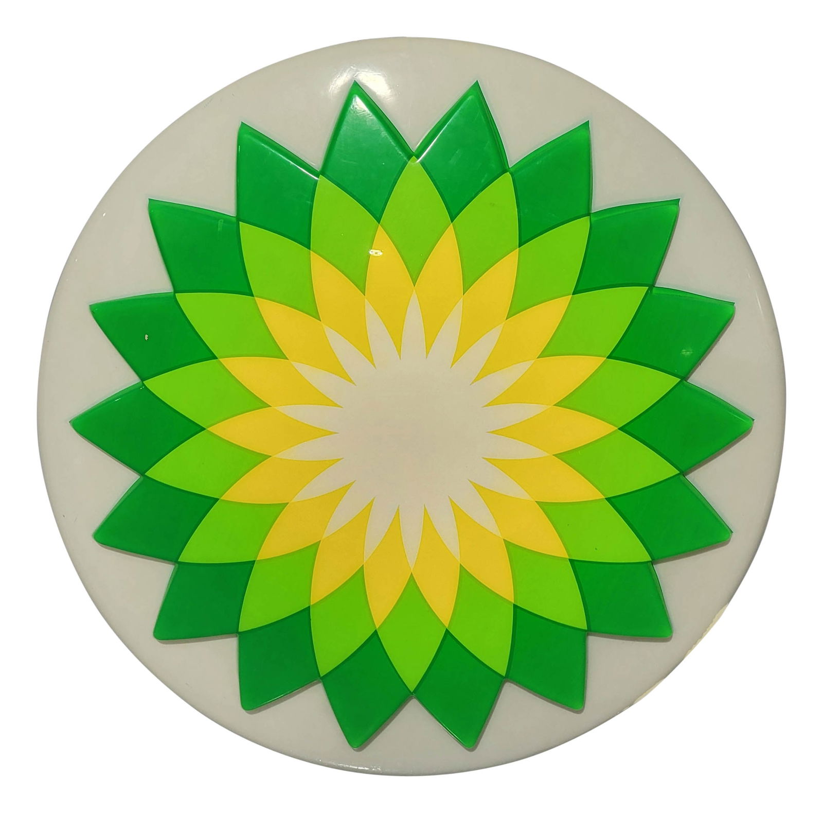 BP Embossed Plastic Light Up Sign: 36" embossed SS plastic light up sign displays bright colors with light wear. There are a few small spots of flaked paint in the field and larger areas of missing paint along the perimeter.