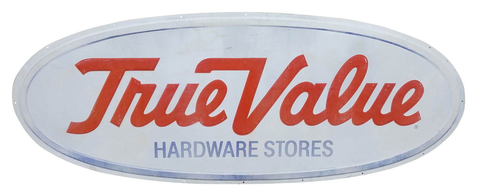 True Value Hardware Stores Single Sided Tin Sign: 91" x 36" embossed SST sign displays wear with fading, scratches, and light stains.