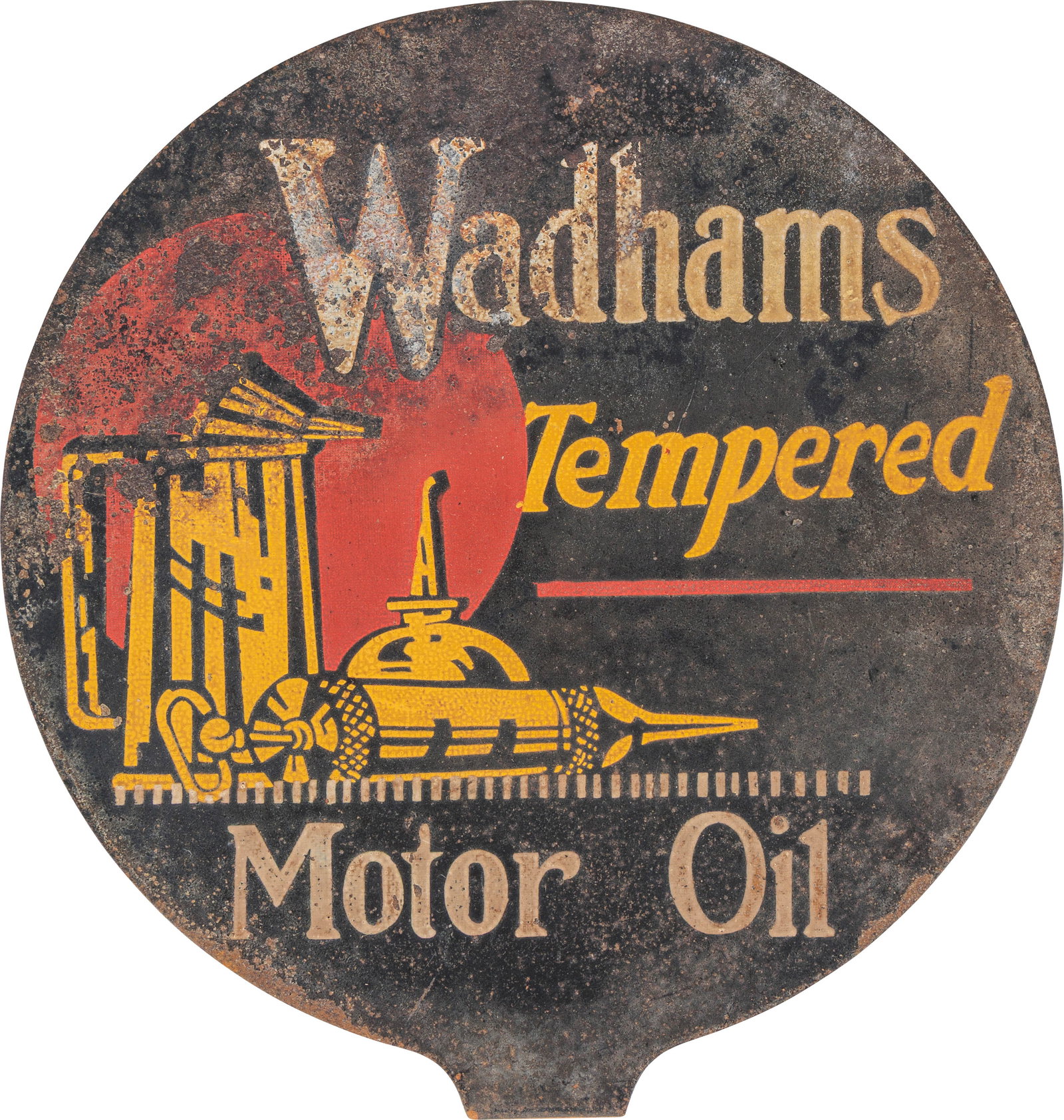 Wadhams Tempered Motor Oil DST Paddle Sign: 7" D., DST paddle sign has good color and shine. The display has toning with areas of oxidation, paint loss and discoloration. The reverse is in a similar condition to the display.